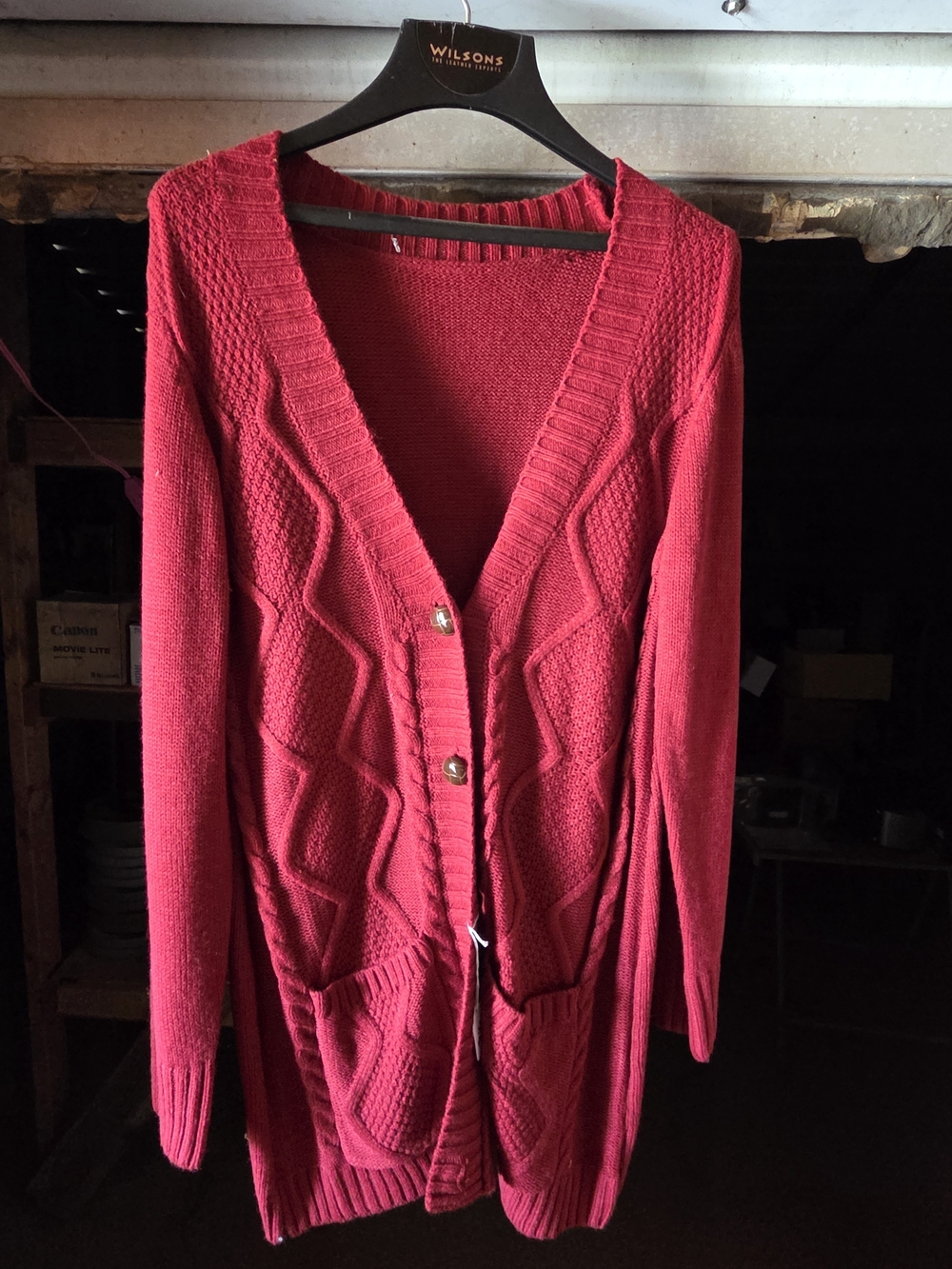 Long Open-Weave V-Neck Cardigan Sweater in Deep Pink